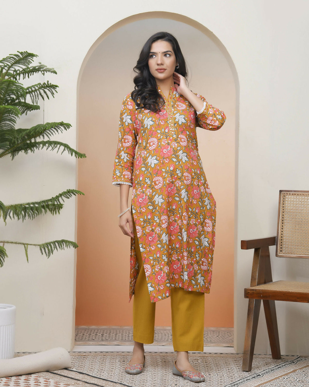 Vaasva Women Mustard Cotton Printed Straight Kurti With Pant | Grocsy