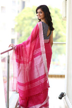 Very Much Indian Pure Linen Saree With Sleek Border And Exclusive Design - Pink | Grocsy