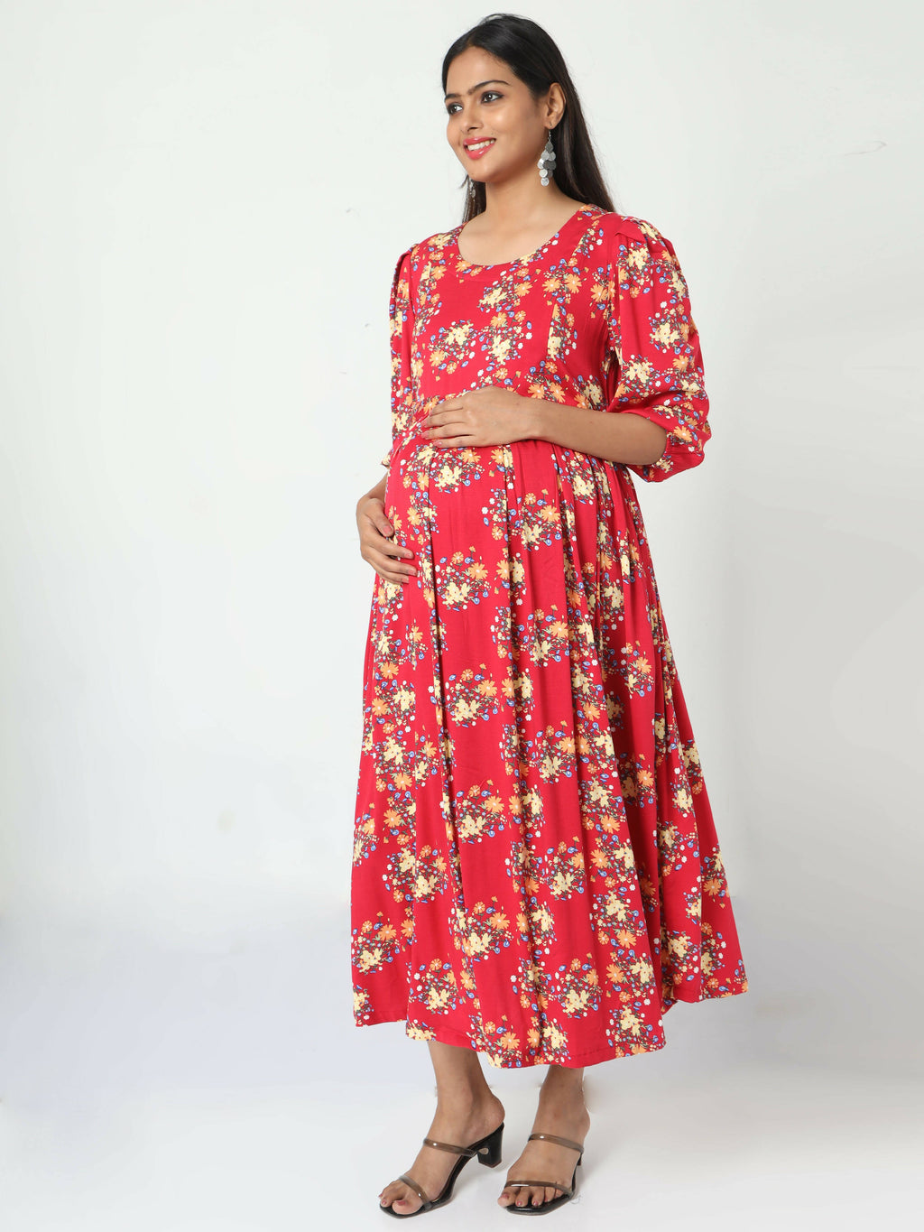 Manet Three Fourth Maternity Dress Floral Print With Concealed Zipper Nursing Access - Red | Grocsy