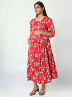 Manet Three Fourth Maternity Dress Floral Print With Concealed Zipper Nursing Access - Red | Grocsy