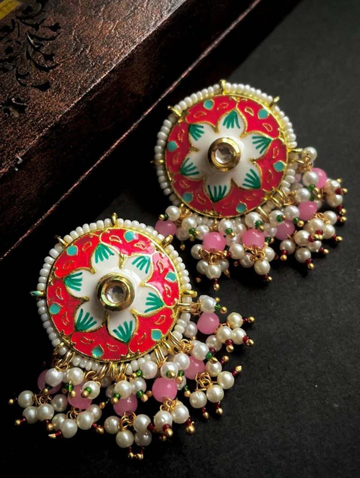 Joban Fashion Women Pink Meenakari Flower Print Ethnic Trendy Stud Earring | Grocsy