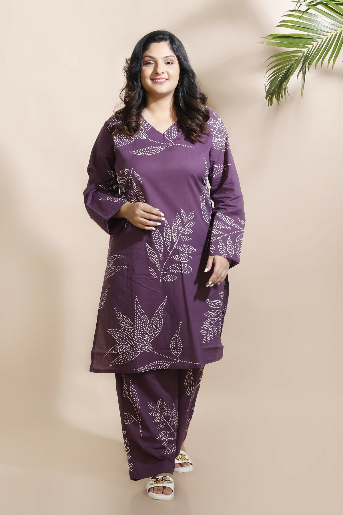 Breathables Women’S Purple Cotton Abstract Print Loungewear Co-Ord Set – Long Kurta & Pants | Grocsy