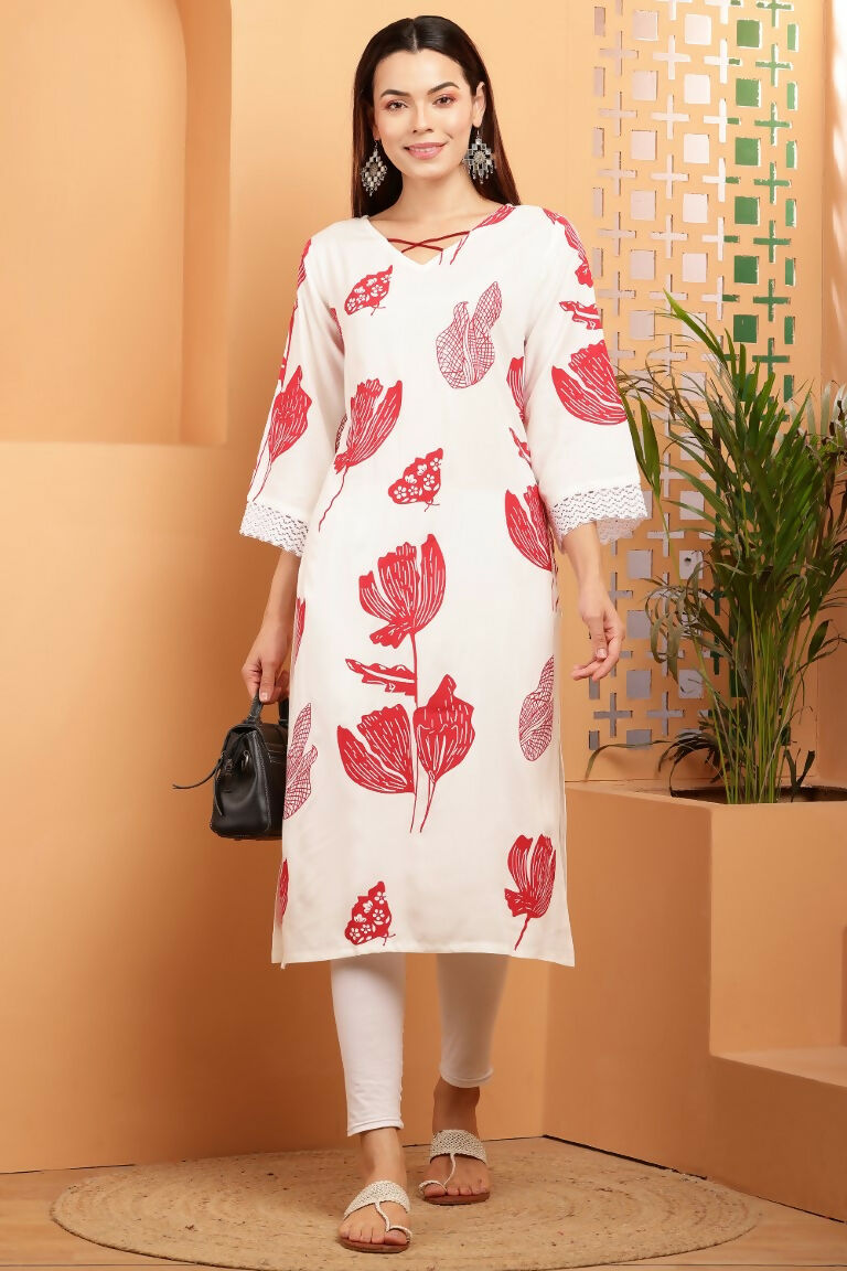 Cheera Women Stylish Hand Block Printed Cotton Blend Flared Kurta - Off White | Grocsy