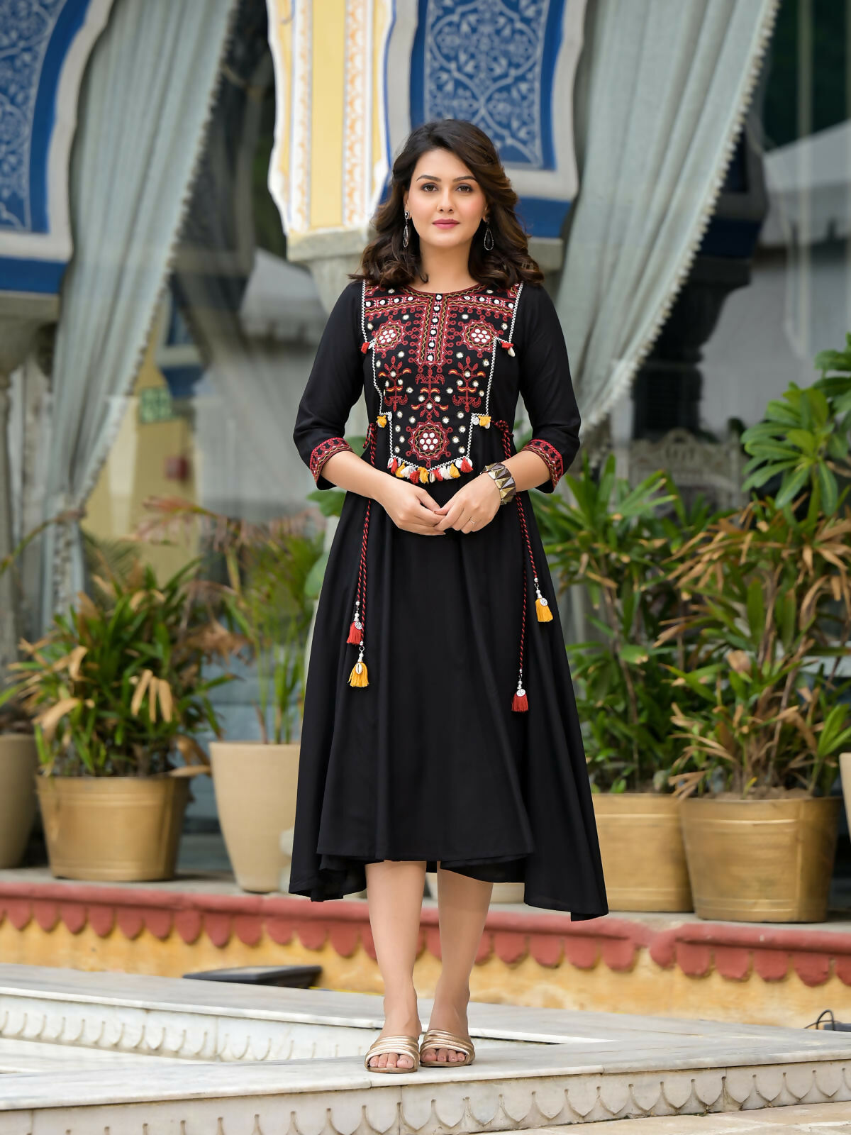 Juniper Women's Black Thread Embroidered Liva Rayon A-Line Dress With Tassel Kaudis & Doris At Waist | Grocsy