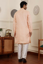 Peach Viscose Woven Jacquard Work Men's Rajwadi Kurta Set - Mahotsav | Grocsy