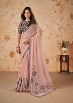 Peach Crepe Satin Silk Thread, Sequence, Cord Embroidered with Stone Work Saree - Mohmanthan Dakshika | Grocsy
