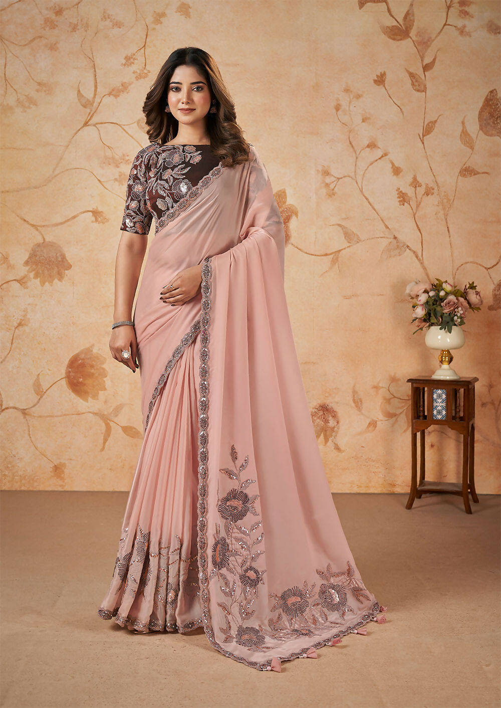 Peach Crepe Satin Silk Thread, Sequence, Cord Embroidered with Stone Work Saree - Mohmanthan Dakshika | Grocsy