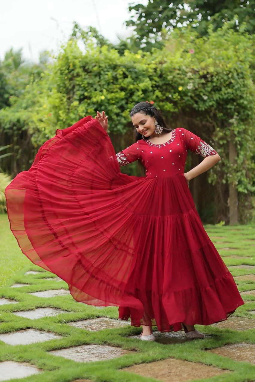 Vastranavya Premium Designer Faux Blooming with Embroidery Zari Sequins work Gown - Red | Grocsy
