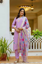 The52 Lavender Women's Gorgeous Embroidered work Viscose Gadhwal Fabric Straight Kurta, Pant and Dupatta Set | Grocsy