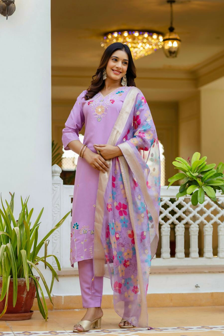 The52 Lavender Women's Gorgeous Embroidered work Viscose Gadhwal Fabric Straight Kurta, Pant and Dupatta Set | Grocsy