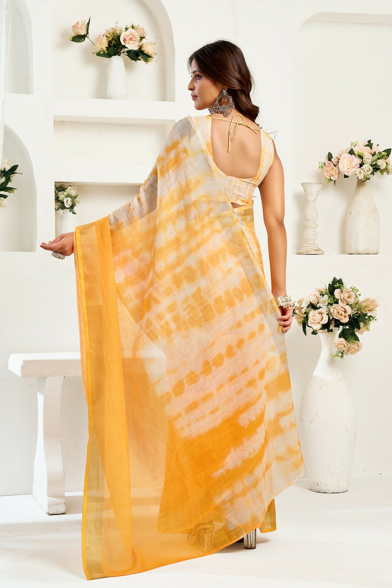 Vastranavya Yellow White Digital Printed Linen Ready To Wear Designer Saree with Unstitched Blouse | Grocsy