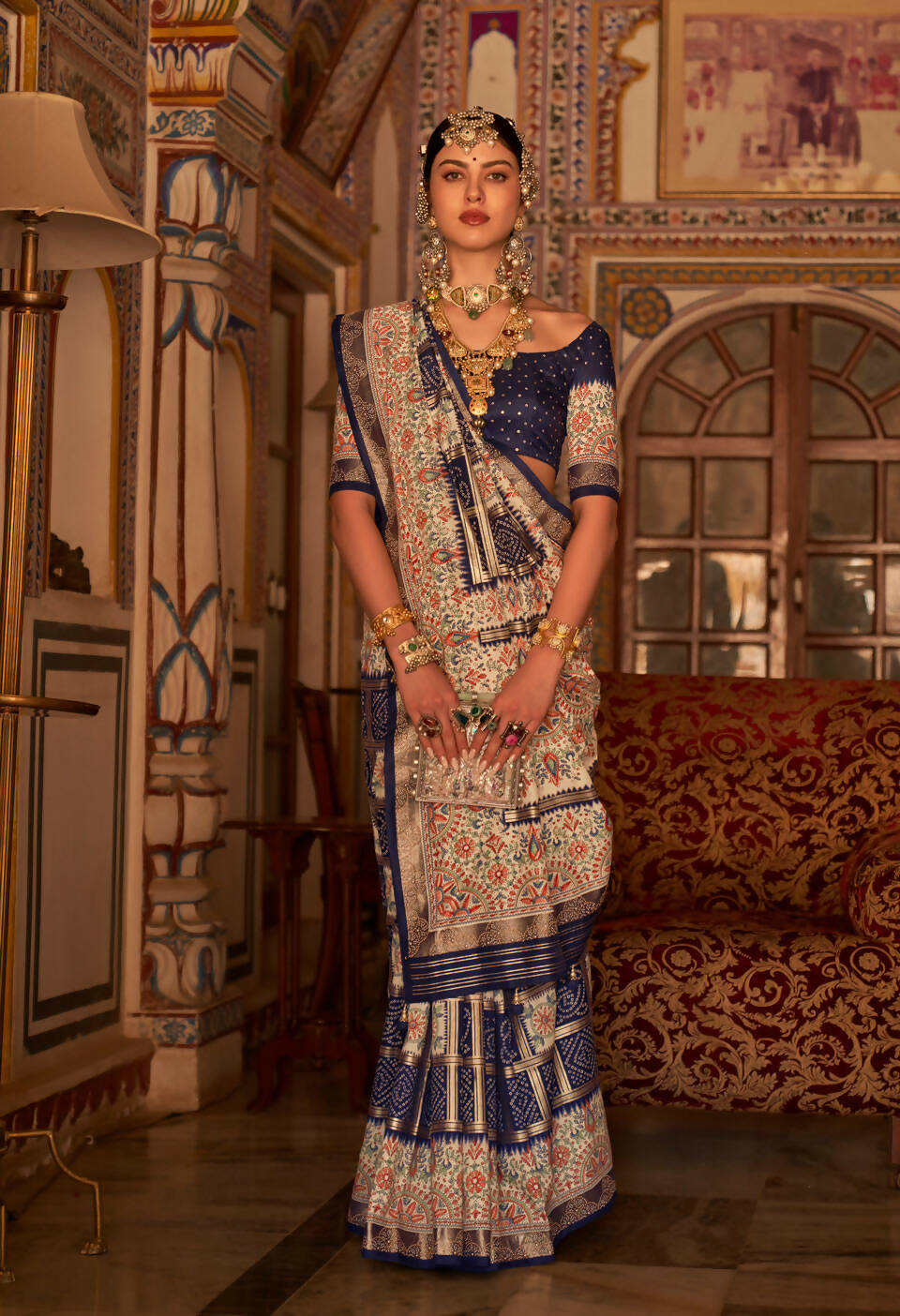 Dark Blue P V Silk Digital Print, Zari Work Printed Saree - Rewaa Parampara | Grocsy