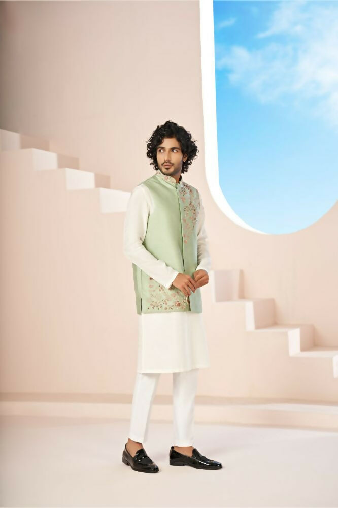 Olive Green Hand Embroidered Nehru Jacket by Hilo Design | Grocsy