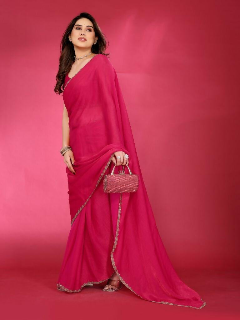 PR Fashion Pink Jimmy Choo Fabric Palin With Work Lace Saree | Grocsy