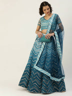 House of Panchhi Women Teal shading Net Mirror Embroidered Lehenga & Blouse with Dupatta | Grocsy