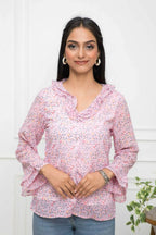 Myshka Women Pink Floral V-Neck Regular Sleeves Synthetic Georgette Top | Grocsy