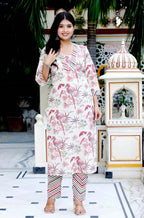 Miravan Women's Cotton Light Pink Floral Printed Straight Pakistani Style Kurta And Palazzo | Grocsy