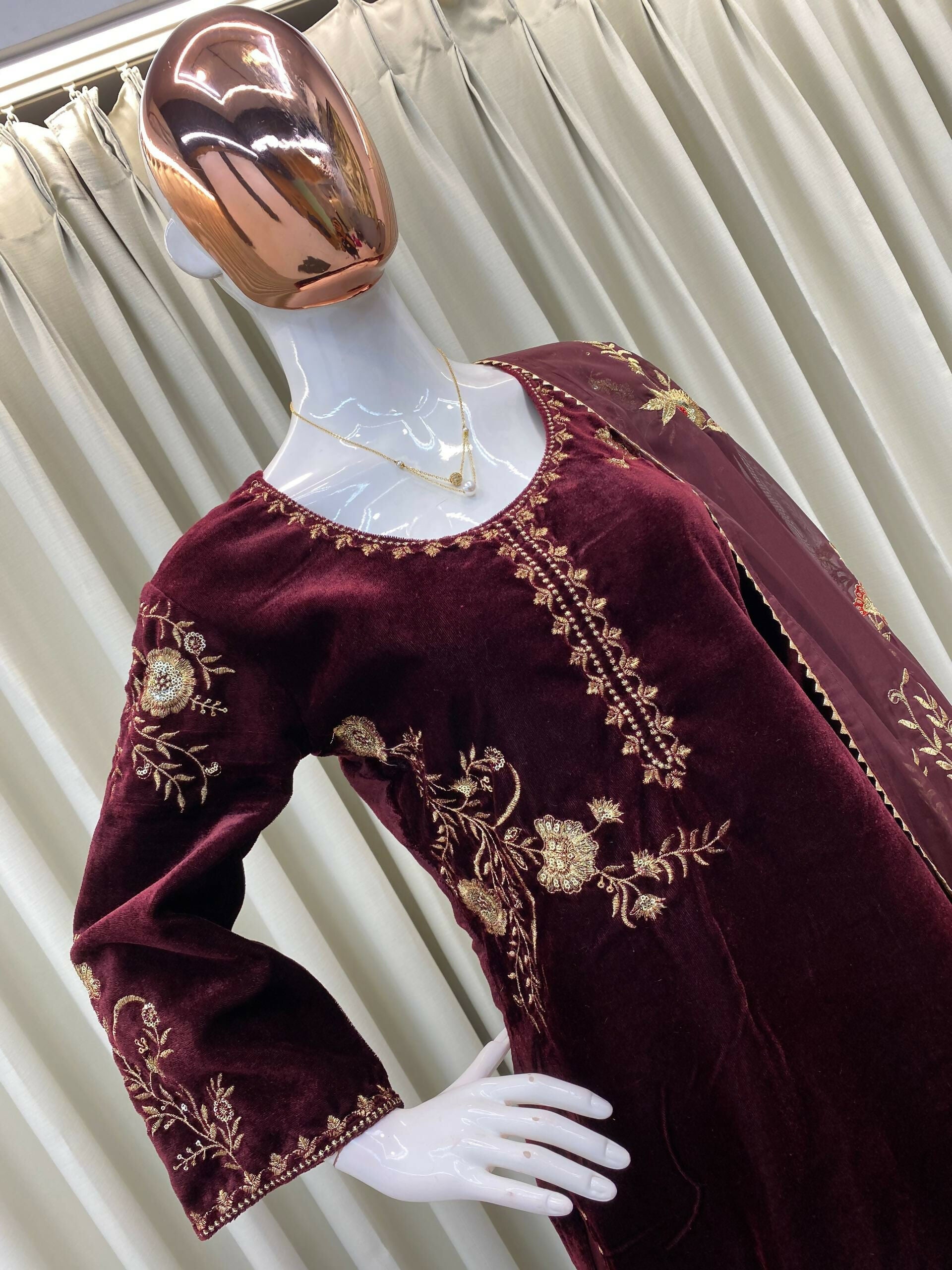 Vastranavya Wine Velvet Sequence Embroidery Work Kurta & Palazzo With Dupatta | Grocsy
