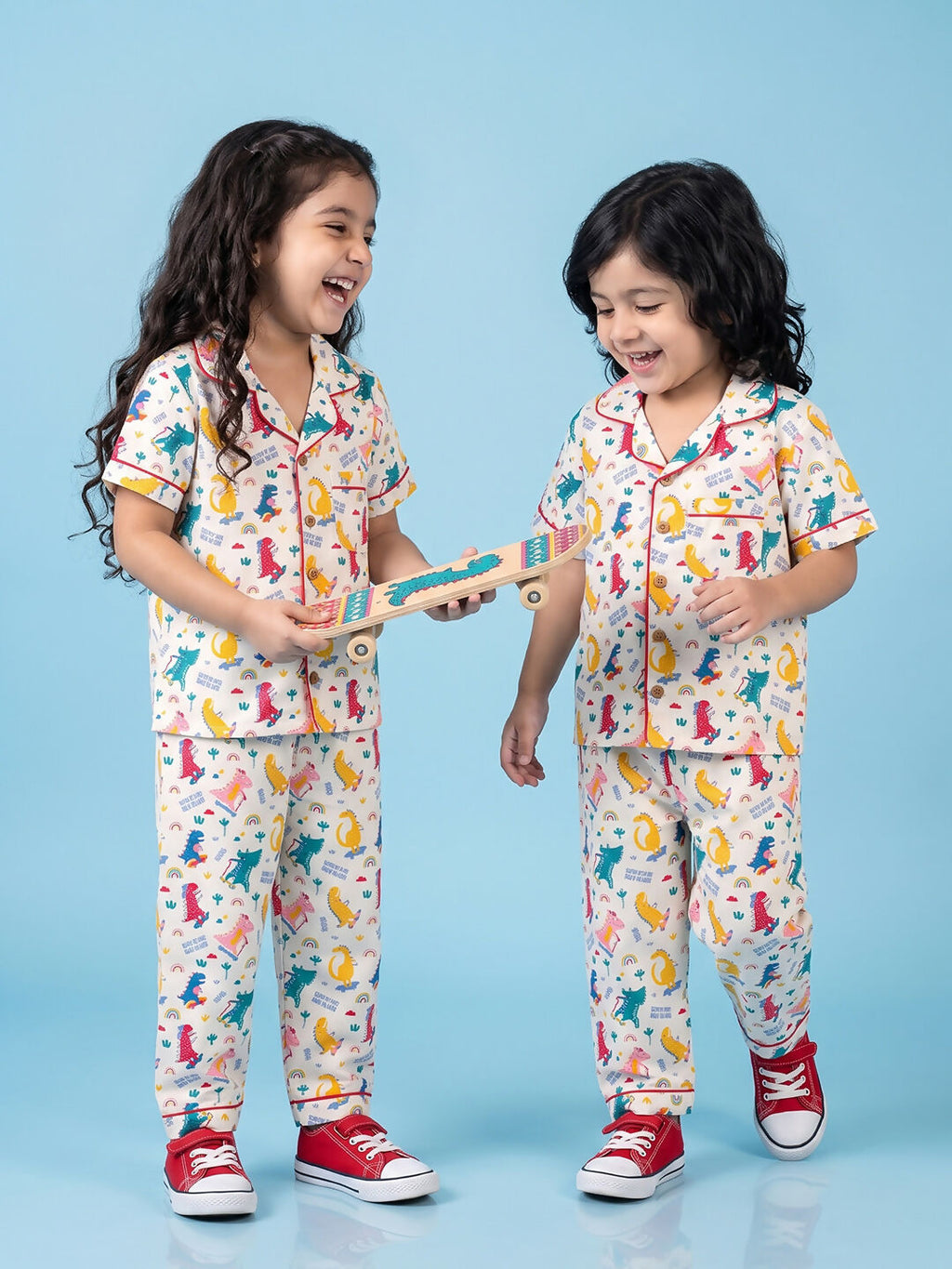 Breathables Woven Cotton Half Sleeves Dino Shirt & Pyjama White | Grocsy