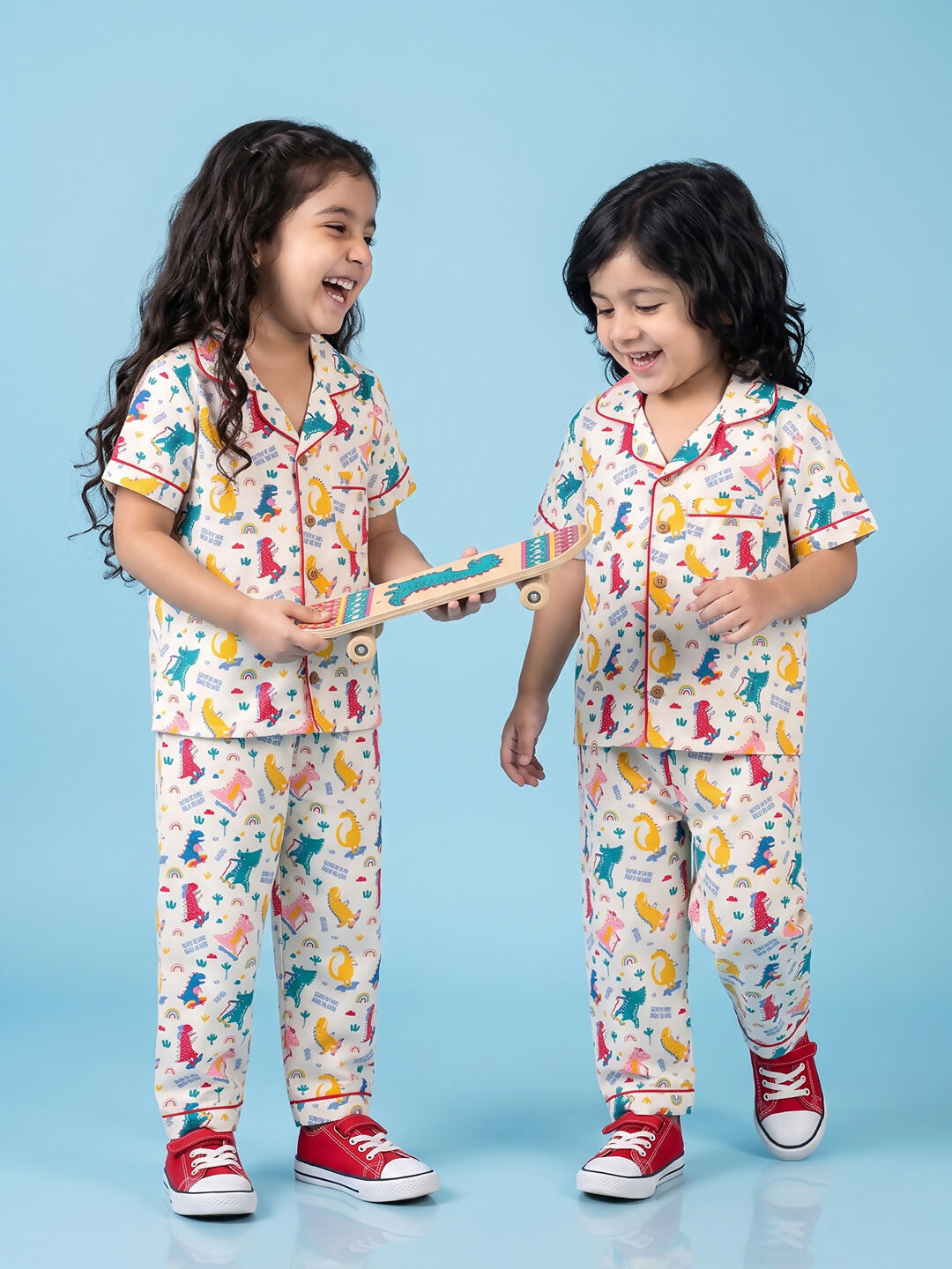 Breathables Woven Cotton Half Sleeves Dino Shirt & Pyjama White | Grocsy