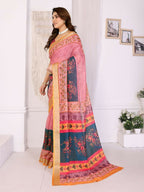 PR Fashion Orange Handloom Linen Cotton Zari Saree | Grocsy