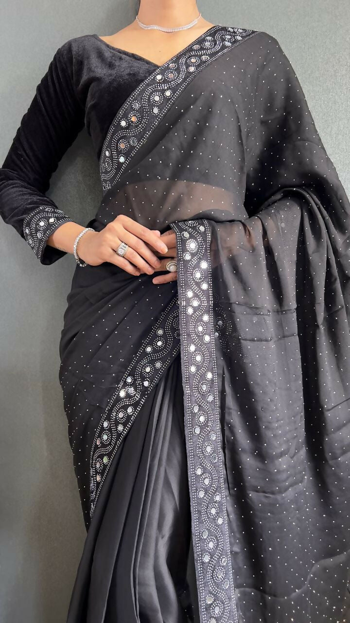 Vastranavya Black Rangoli Silk Real Mirror work with Swarovski work Ready to Wear Saree | Grocsy