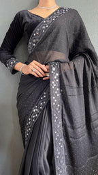 Vastranavya Black Rangoli Silk Real Mirror work with Swarovski work Ready to Wear Saree | Grocsy