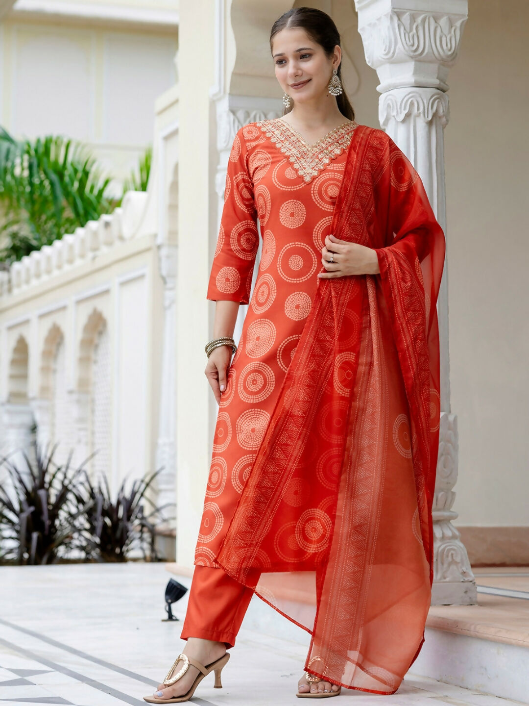 The52 Orange Women's Gorgeous Rayon Embroidered Straight Kurta with Pant And Dupatta Set | Grocsy