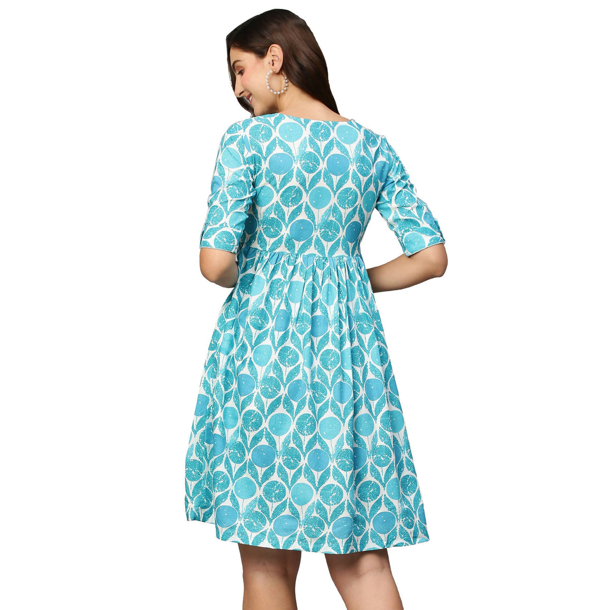 Blue & White Ethnic Motifs Printed Cotton A-Line Dress - Poonam | Grocsy