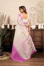 Vastranavya White Lavender Digital Printed Linen Ready To Wear Designer Saree with Unstitched Blouse | Grocsy