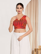 Joban Fashion Red Ikat Silk Padded Blouse With V Neck Sleeveless | Grocsy