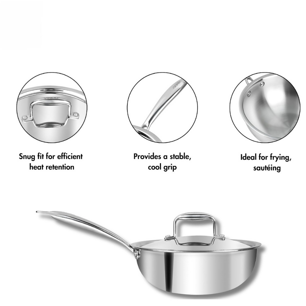 Vinod Platinum Triply Stainless Steel Deep Frying Pan with Lid | Grocsy
