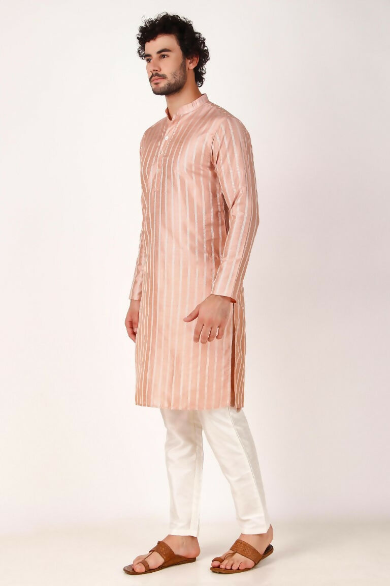 Pink Art Silk Woven Designer Men's Rajwadi Kurta Set - Mahotsav | Grocsy