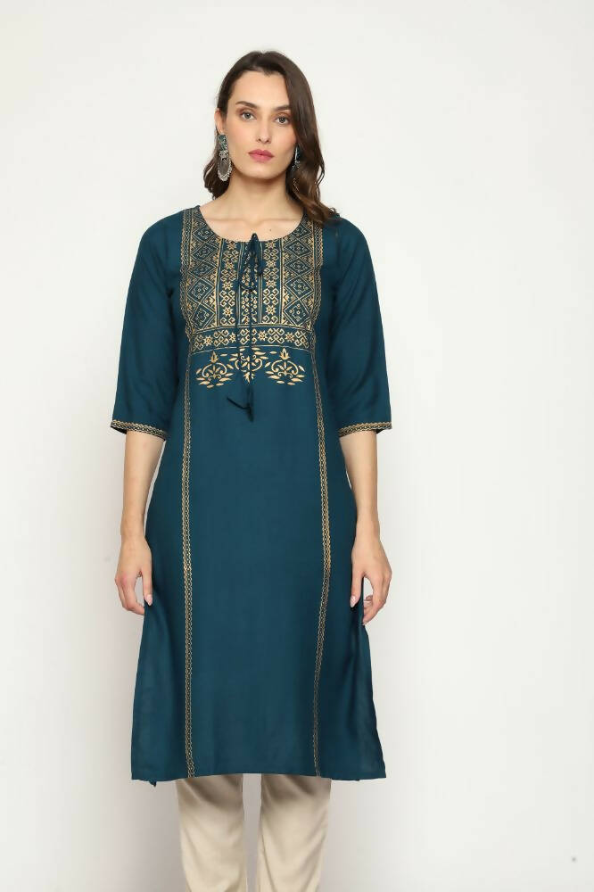 Maai Rayon Hand Printed Kurta Navy | Grocsy