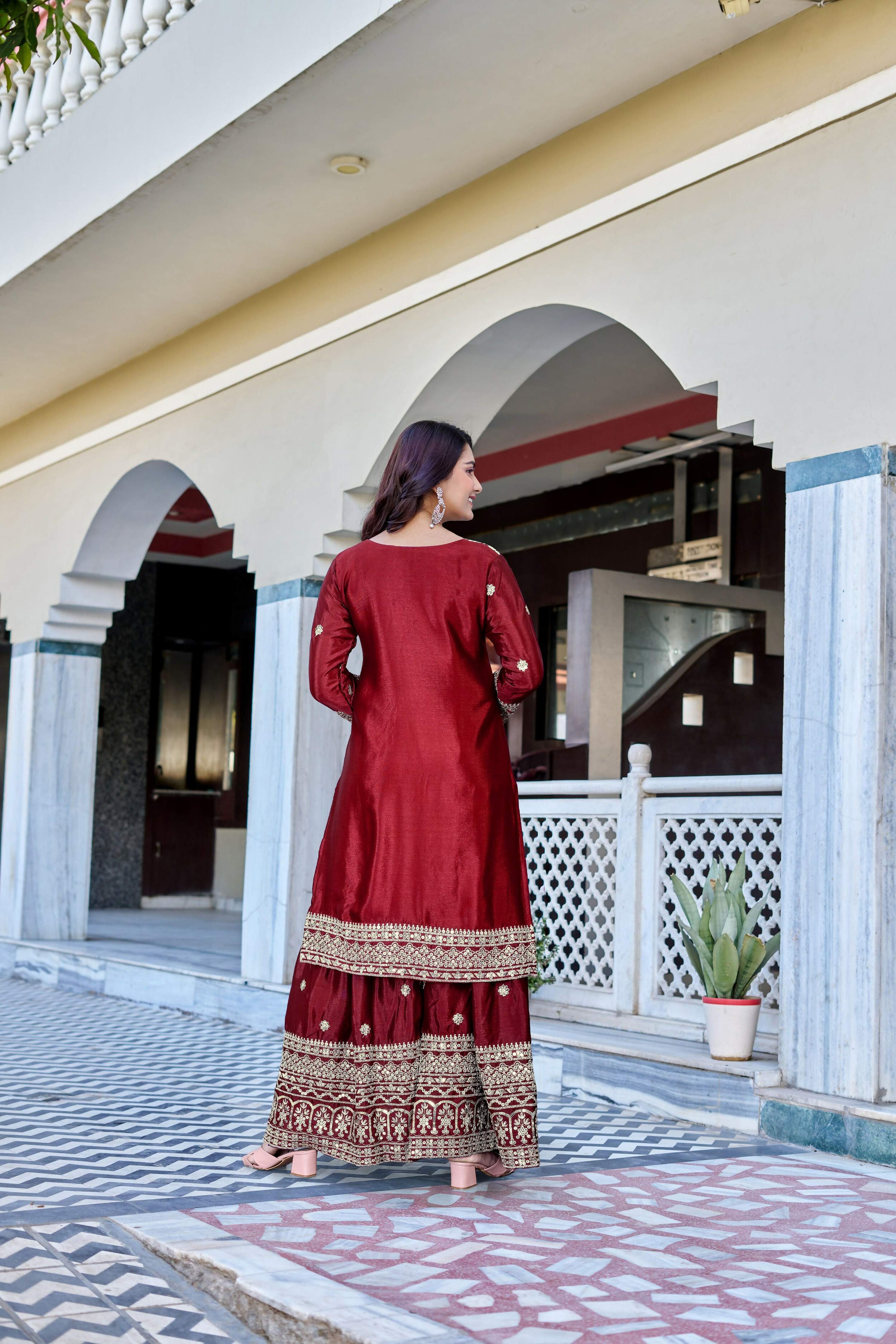 Teeya Creation Maroon Color Chinon Silk Heavy Embroidery Work Wedding Wear Sharara | Grocsy