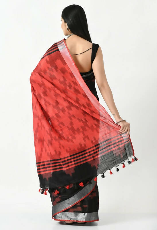 Mominos Fashion Moeza Black & Red Bhagalpuri Handloom Ikat Pure Cotton Saree with unstitched Blouse piece | Grocsy