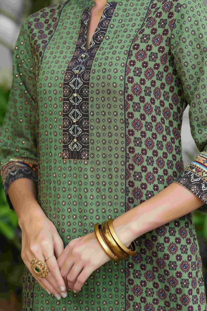 Juniper Green Ethnic Motif Printed Rayon calf length Kurta with Beads & Gota Work | Grocsy