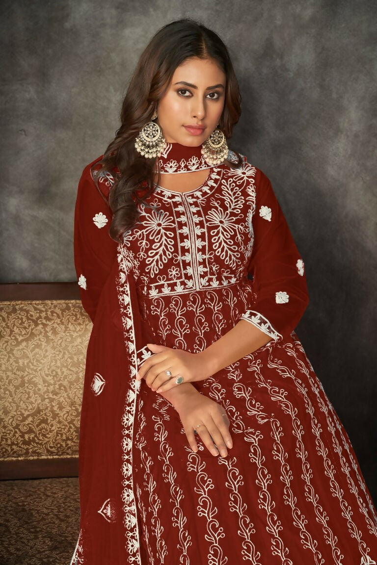 Jyoti Fashion Women's Maroon Net Embroidered Anarkali Kurta Pant Set With Dupatta | Grocsy