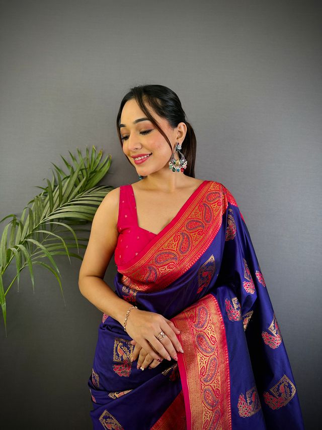 Elora Dark Blue Soft Silk Peacock Pattern Zari Weaving Contrast Border Banarasi Saree | Grocsy