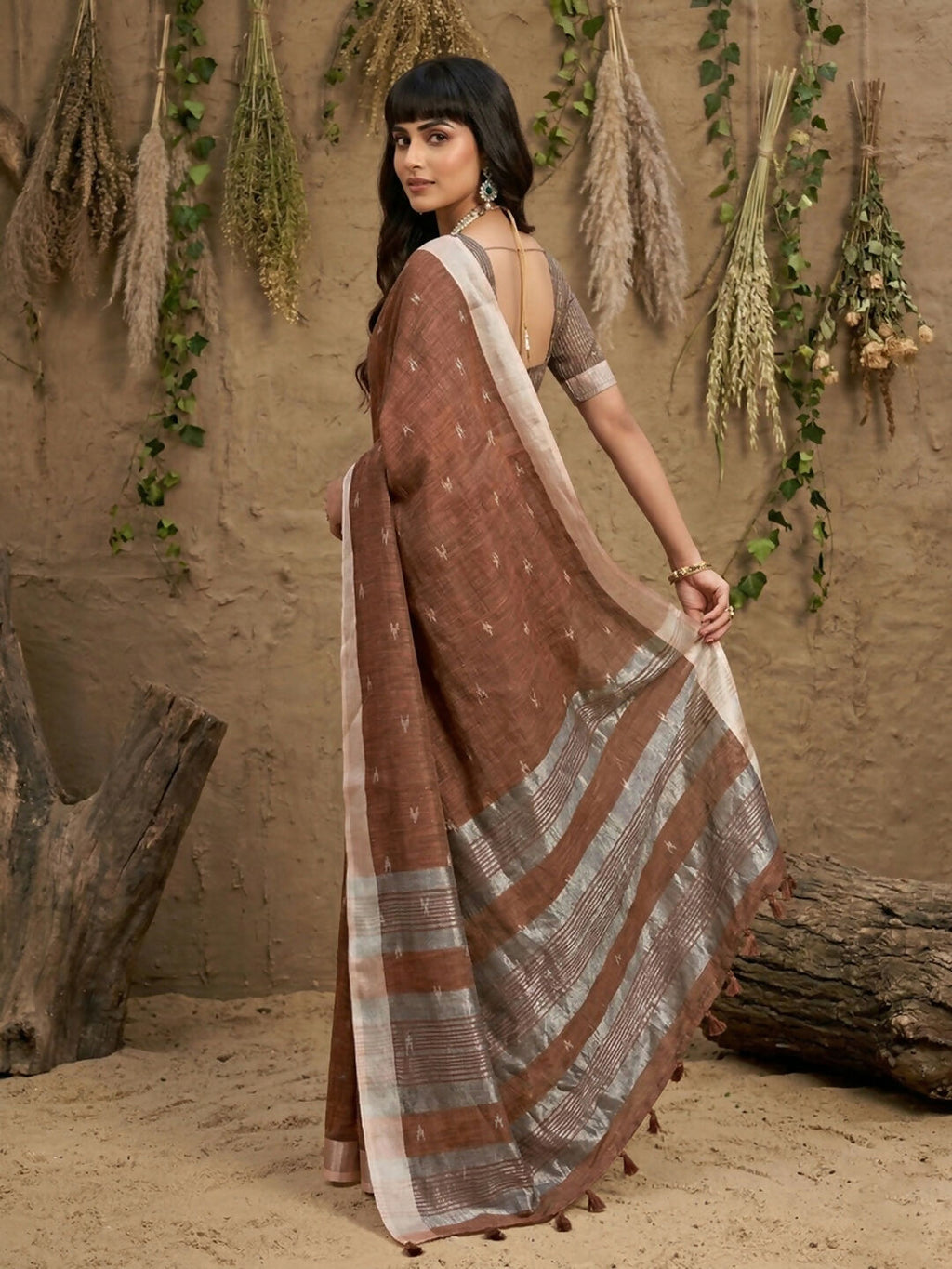 Shree Shyam Fashion Brown Linen Cotton Saree | Grocsy