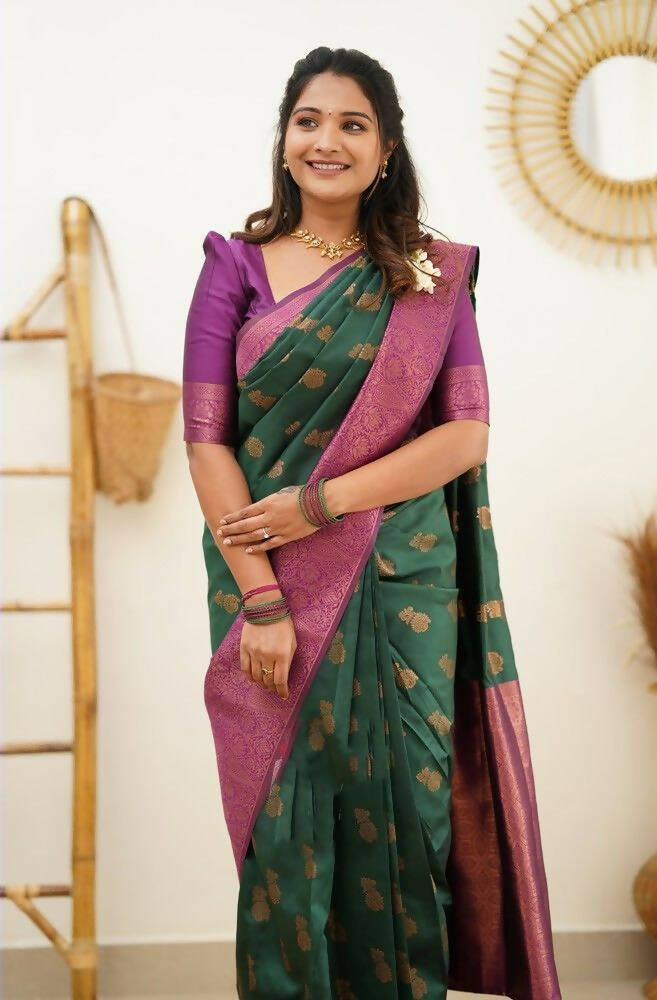 DEIANA'S Beautiful Designer Golden zari Soft Lichi Silk Saree - Teal | Grocsy