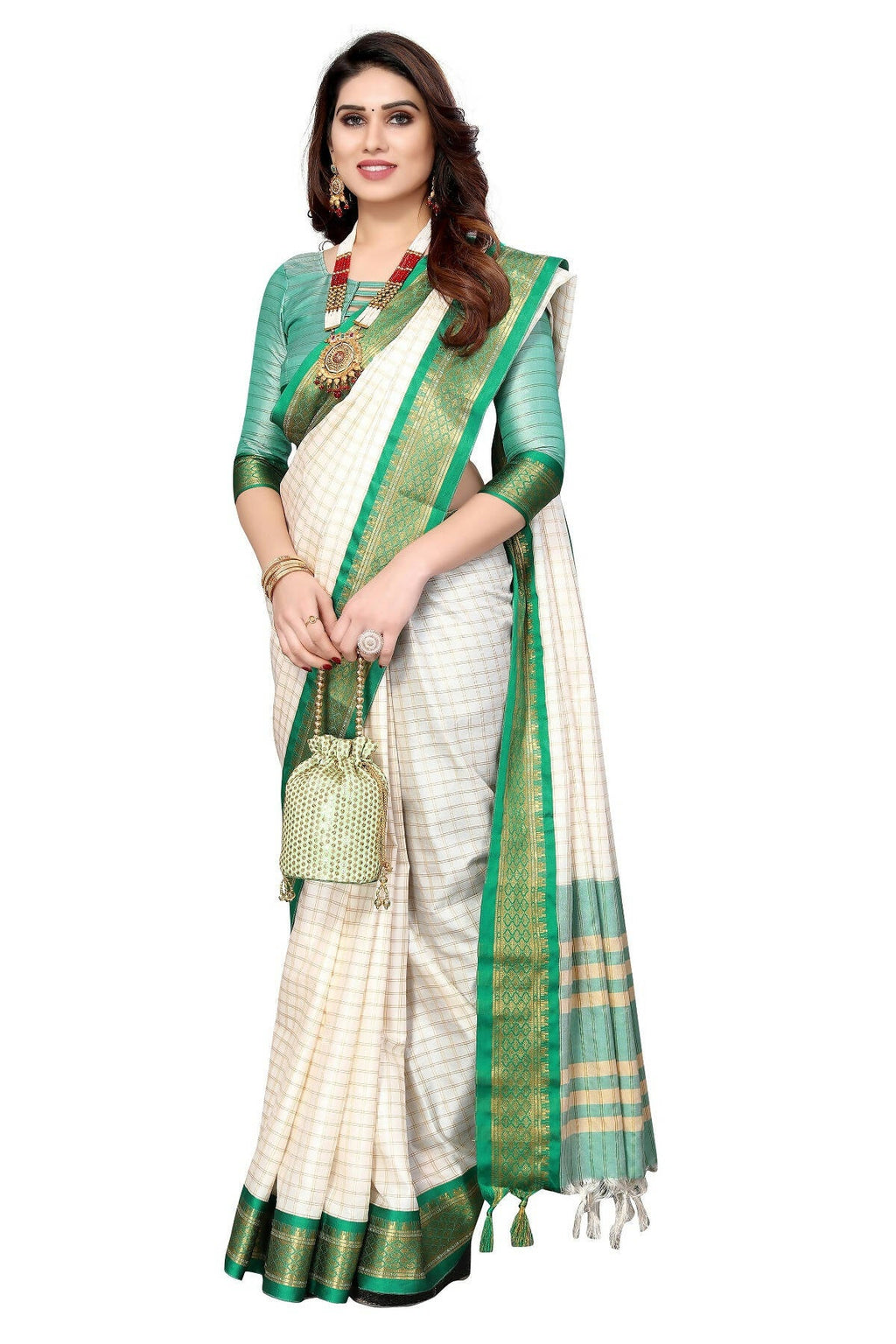 Vamika Weaving White Cotton Silk Saree (DEVAL GREEN) | Grocsy