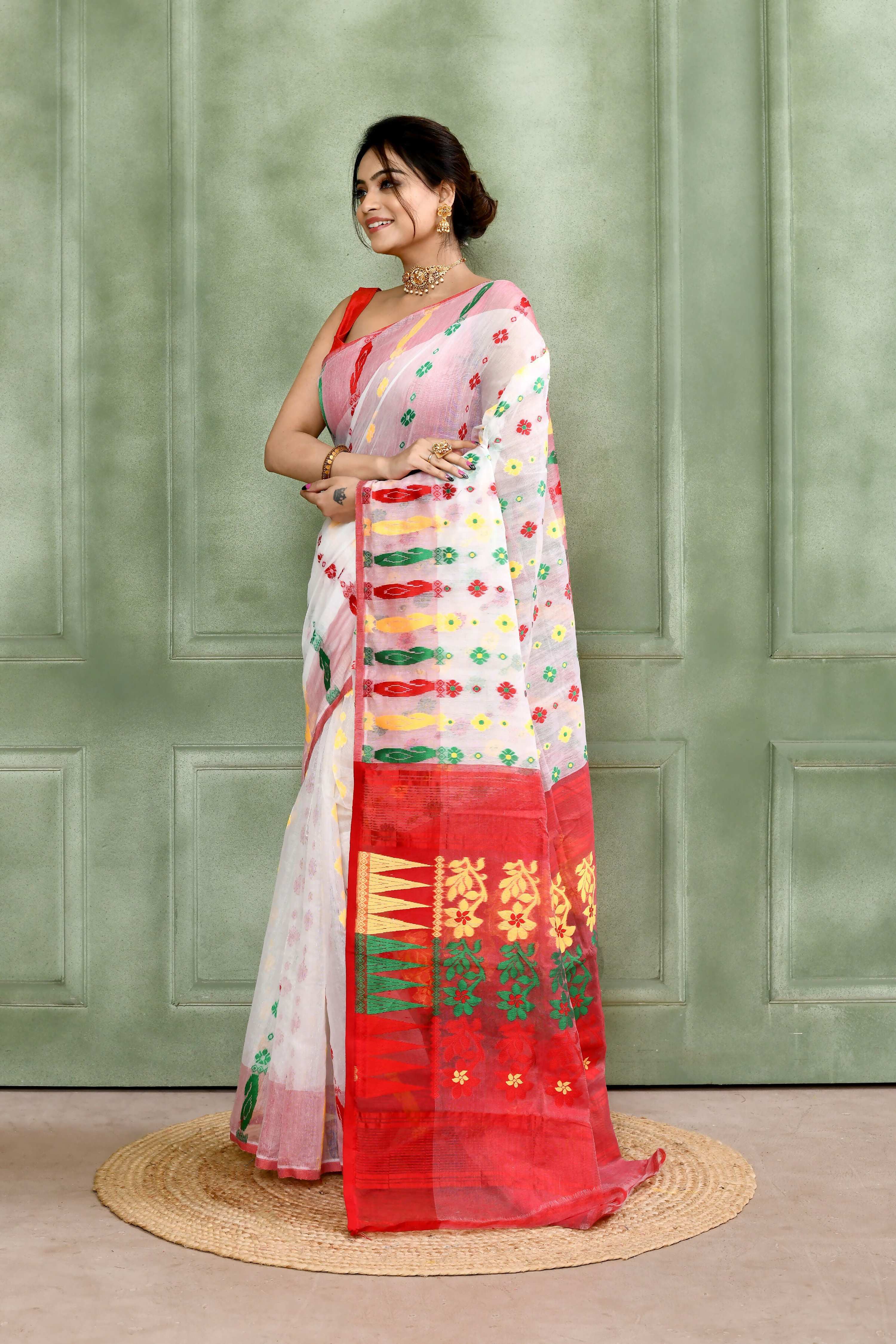Piyari Fashion Women's White Embellished Cotton Blend Jamdani Saree | Grocsy