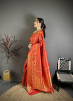 Elora Red Banarasi Soft Silk Checked Body With Floral Motifs South Pattu Saree | Grocsy