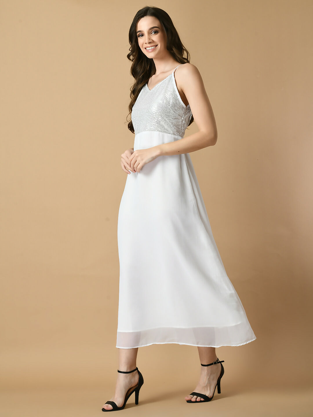 Myshka Women's White Solid Georgette Party Dress | Grocsy