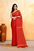 Piyari Fashion Women's Red Embellished Cotton Blend Zari Check Handloom Saree | Grocsy