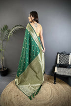 Joban Fashion Green Zari Weaving Motif Lichi Silk Banarasi Silk Saree | Grocsy