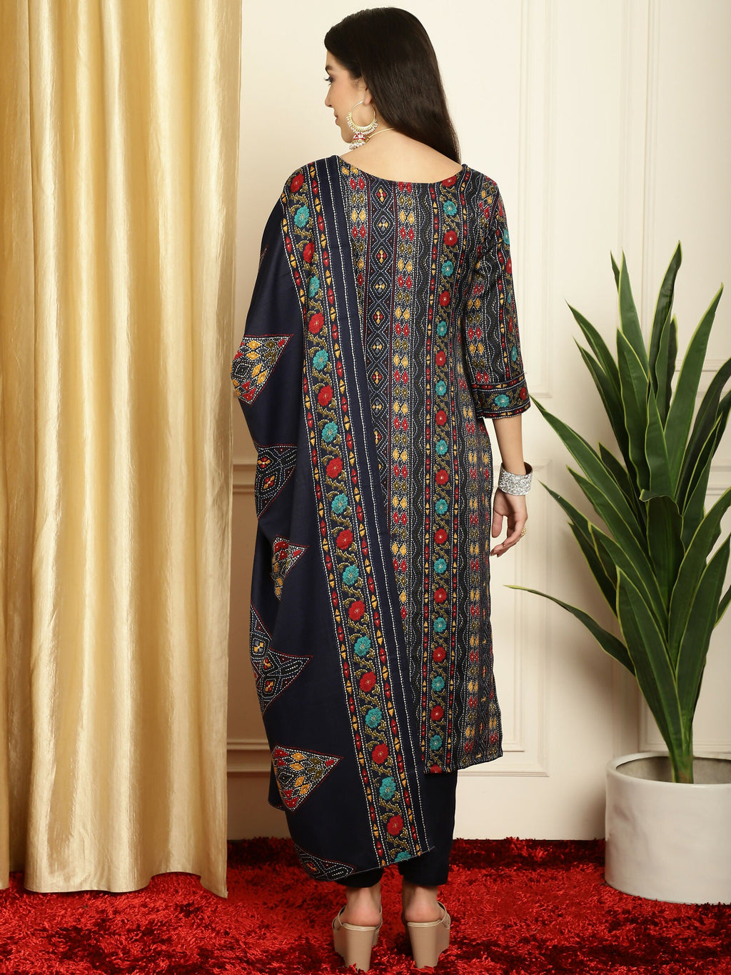 Jyoti Fashion Women's Navy Blue Pashmina Floral Digital Printed Kurta with Trouser & Dupatta | Grocsy