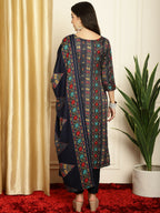 Jyoti Fashion Women's Navy Blue Pashmina Floral Digital Printed Kurta with Trouser & Dupatta | Grocsy