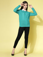 Women Pointelle Green Acrylic Winter Sweater - Wool Trees | Grocsy
